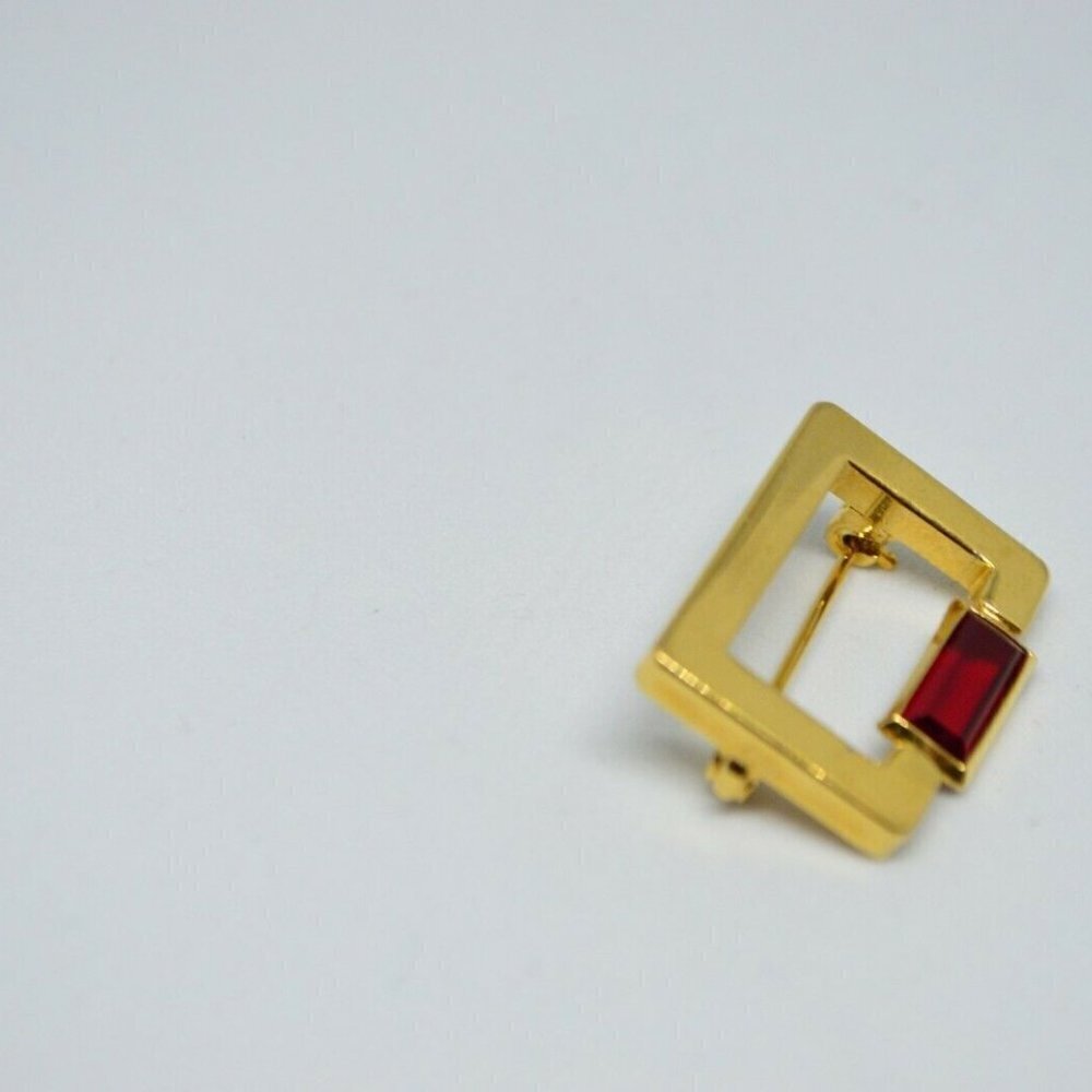 Red Glass Rhinestone Gold Tone Rectangle Openwork - Picture 3 of 4